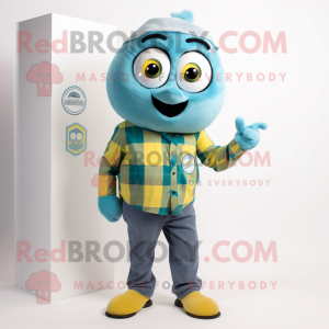 Teal Lemon mascot costume character dressed with a Flannel Shirt and Cufflinks
