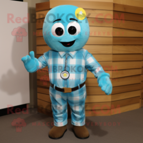 Teal Lemon mascot costume character dressed with a Flannel Shirt and Cufflinks
