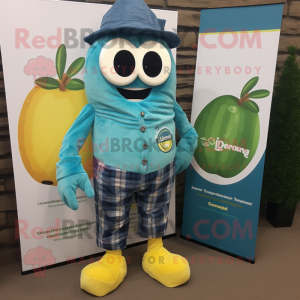 Teal Lemon mascot costume character dressed with a Flannel Shirt and Cufflinks