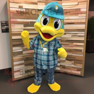 Teal Lemon mascot costume character dressed with a Flannel Shirt and Cufflinks