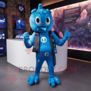 Blue Kraken mascot costume character dressed with a Jacket and Smartwatches