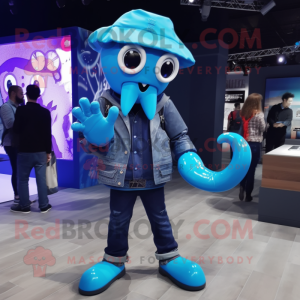 Blue Kraken mascot costume character dressed with a Jacket and Smartwatches