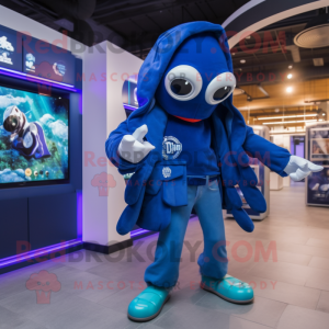 Blue Kraken mascot costume character dressed with a Jacket and Smartwatches