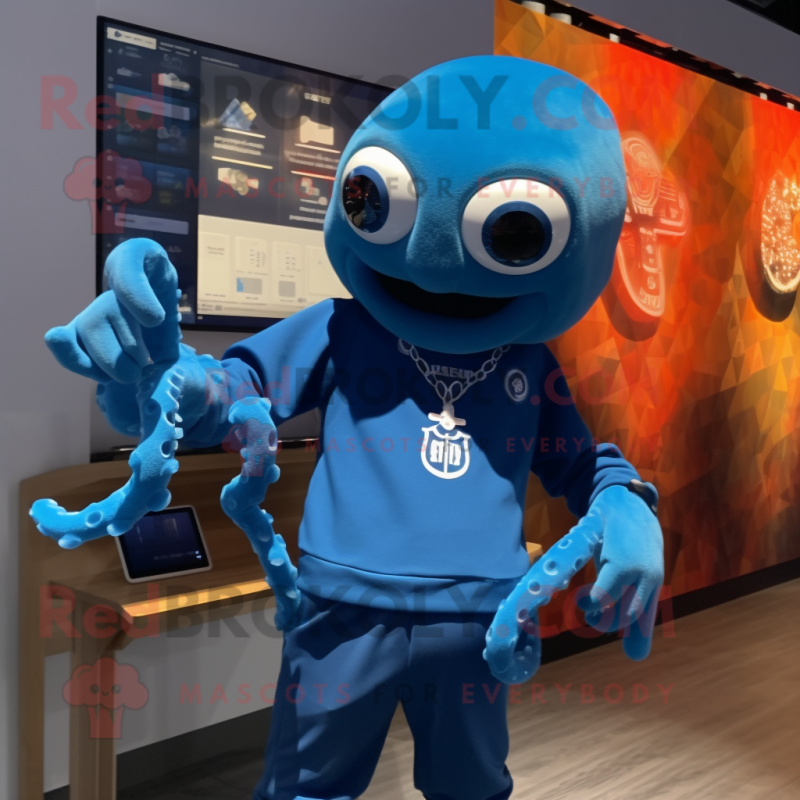 Blue Kraken mascot costume character dressed with a Jacket and Smartwatches