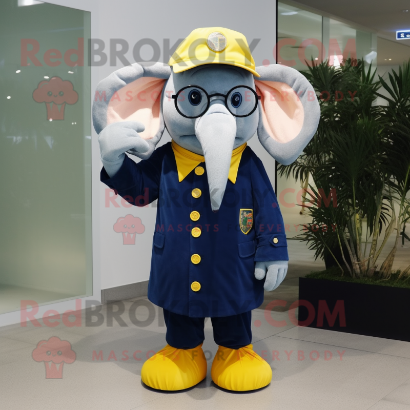 Navy Elephant mascot costume character dressed with a Coat and Eyeglasses