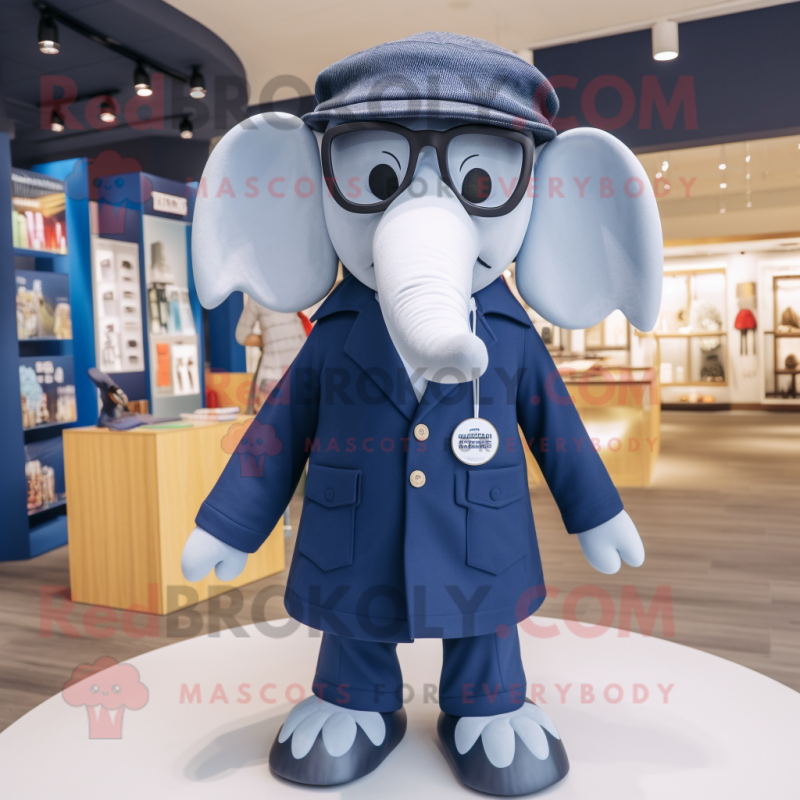 Navy Elephant mascot costume character dressed with a Coat and Eyeglasses