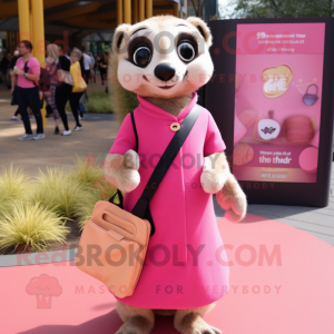 Pink Meerkat mascot costume character dressed with a A-Line Skirt and Messenger bags