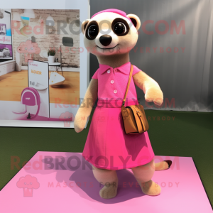 Pink Meerkat mascot costume character dressed with a A-Line Skirt and Messenger bags