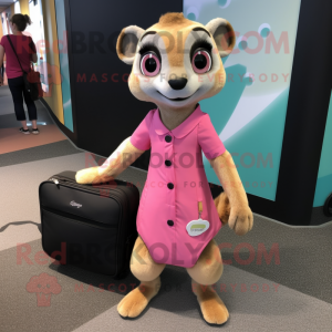 Pink Meerkat mascot costume character dressed with a A-Line Skirt and Messenger bags