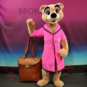 Pink Meerkat mascot costume character dressed with a A-Line Skirt and Messenger bags