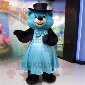 Cyan Spectacled Bear mascot costume character dressed with a Ball Gown and Hat pins