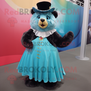 Cyan Spectacled Bear mascot costume character dressed with a Ball Gown and Hat pins