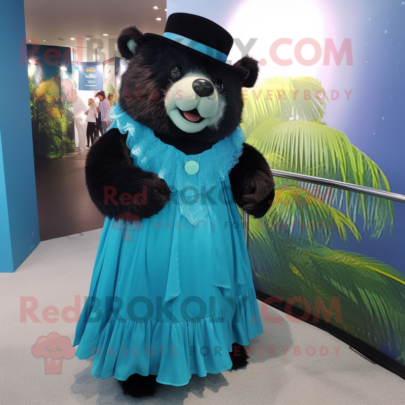 Cyan Spectacled Bear mascot costume character dressed with a Ball Gown and Hat pins Cyan Spectacled Bear mascot costume character dressed with a Ball Gown and Hat pins