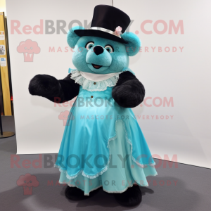 Cyan Spectacled Bear mascot costume character dressed with a Ball Gown and Hat pins