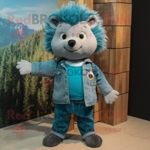 Teal Hedgehog mascot costume character dressed with a Denim Shirt and Mittens