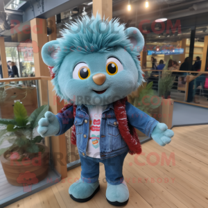 Teal Hedgehog mascot costume character dressed with a Denim Shirt and Mittens