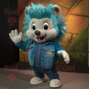 Teal Hedgehog mascot costume character dressed with a Denim Shirt and Mittens