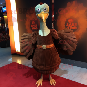 Rust Turkey mascot costume character dressed with a Evening Gown and Clutch bags