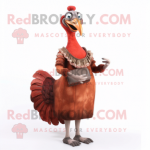 Rust Turkey mascot costume character dressed with a Evening Gown and Clutch bags