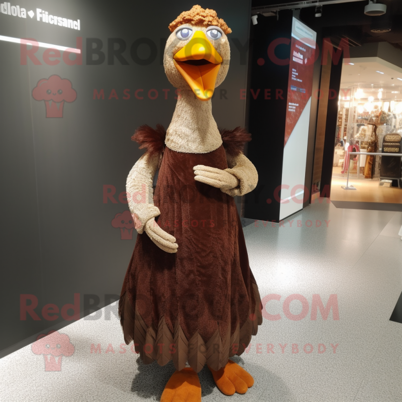 Rust Turkey mascot costume character dressed with a Evening Gown and Clutch bags