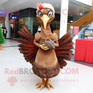 Rust Turkey mascot costume character dressed with a Evening Gown and Clutch bags