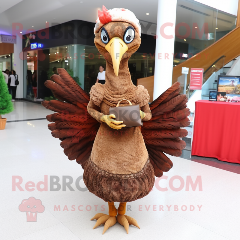 Rust Turkey mascot costume character dressed with a Evening Gown and Clutch bags