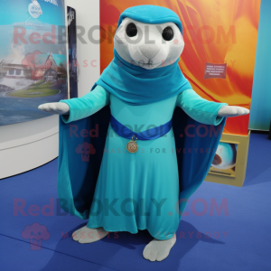 Cyan Otter mascot costume character dressed with a Culottes and Shawls