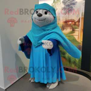 Cyan Otter mascot costume character dressed with a Culottes and Shawls