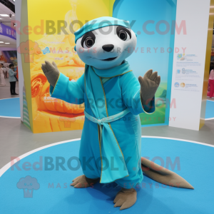 Cyan Otter mascot costume character dressed with a Culottes and Shawls