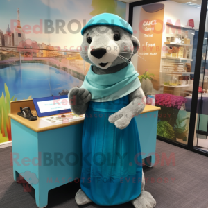 Cyan Otter mascot costume character dressed with a Culottes and Shawls