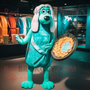 Turquoise Shepard'S Pie mascot costume character dressed with a Bikini and Coin purses