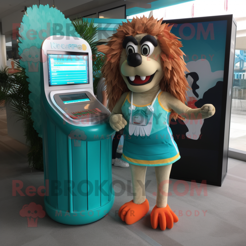 Turquoise Shepard'S Pie mascot costume character dressed with a Bikini and Coin purses