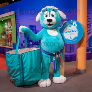 Turquoise Shepard'S Pie mascot costume character dressed with a Bikini and Coin purses