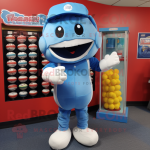 Sky Blue Gumball Machine mascot costume character dressed with a Baseball Tee and Beanies