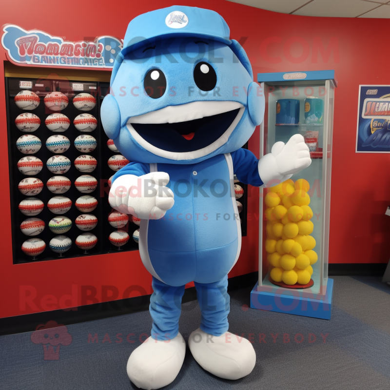 Sky Blue Gumball Machine mascot costume character dressed with a Baseball Tee and Beanies Sky Blue Gumball Machine mascot costume character dressed with a Baseball Tee and Beanies