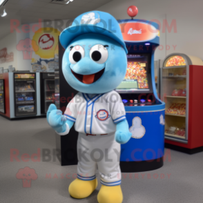 Sky Blue Gumball Machine mascot costume character dressed with a Baseball Tee and Beanies