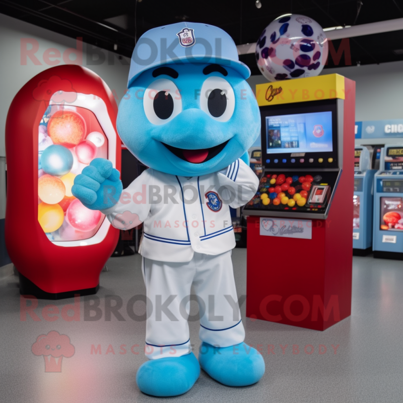 Sky Blue Gumball Machine mascot costume character dressed with a Baseball Tee and Beanies