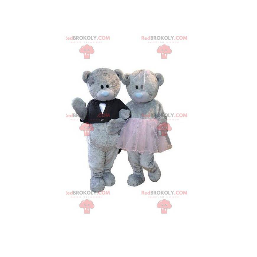2 gray teddy bear mascots, bear costumes, teddy bear couple -