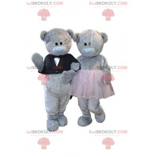 2 gray teddy bear mascots, bear costumes, teddy bear couple -