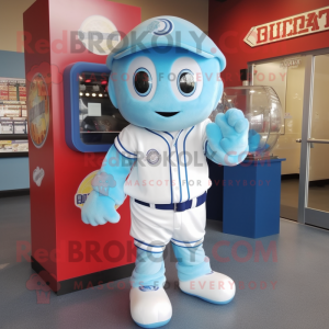 Sky Blue Gumball Machine mascot costume character dressed with a Baseball Tee and Beanies