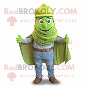 Lime Green Falafel mascot costume character dressed with a Denim Shirt and Shawls
