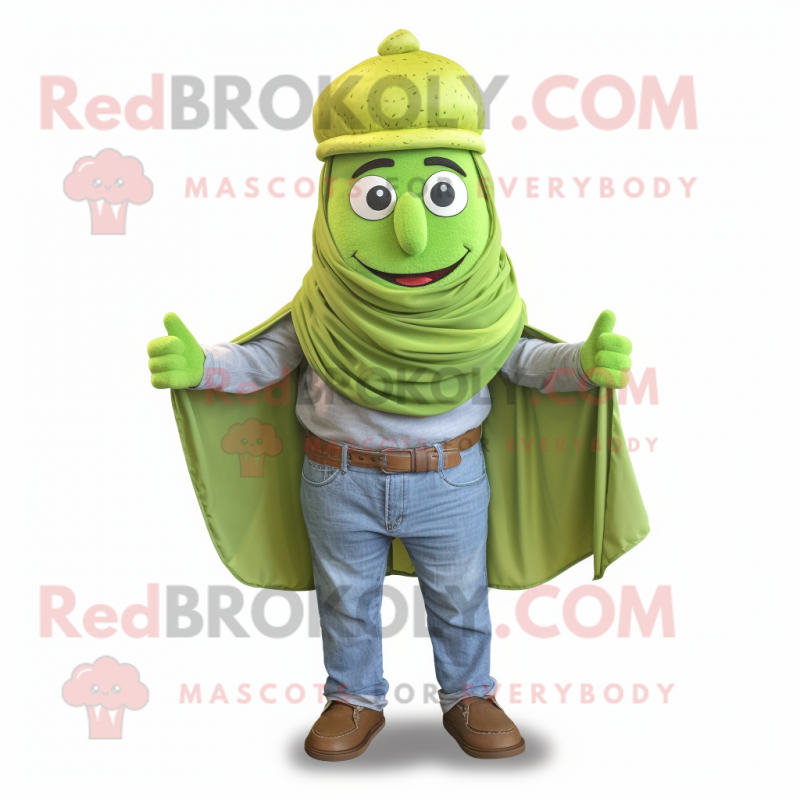 Lime Green Falafel mascot costume character dressed with a Denim Shirt and Shawls Lime Green Falafel mascot costume character dressed with a Denim Shirt and Shawls