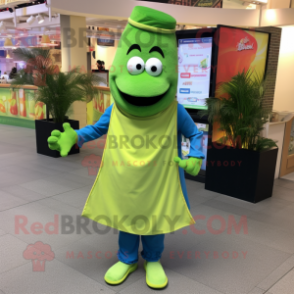 Lime Green Falafel mascot costume character dressed with a Denim Shirt and Shawls