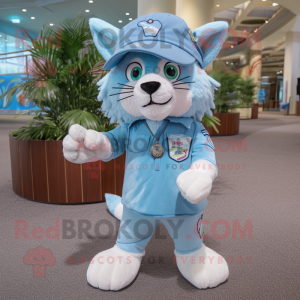 Sky Blue Lynx mascot costume character dressed with a Bermuda Shorts and Hat pins