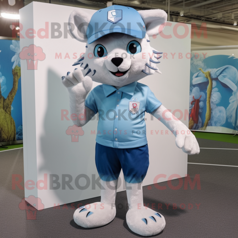 Sky Blue Lynx mascot costume character dressed with a Bermuda Shorts and Hat pins