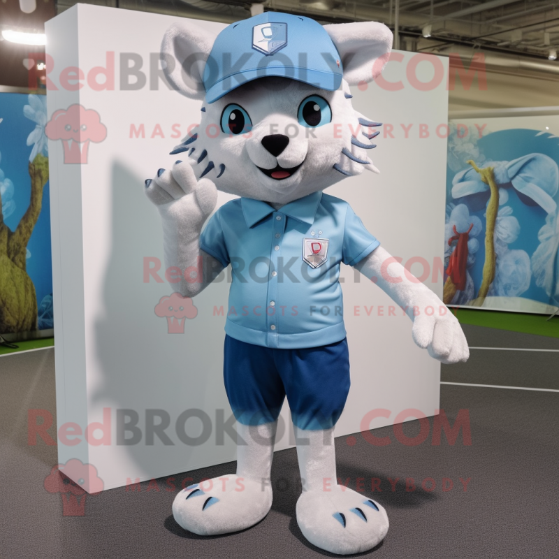 Sky Blue Lynx mascot costume character dressed with a Bermuda Shorts and Hat pins Sky Blue Lynx mascot costume character dressed with a Bermuda Shorts and Hat pins