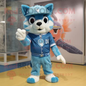Sky Blue Lynx mascot costume character dressed with a Bermuda Shorts and Hat pins