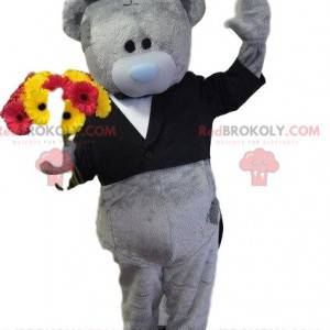 Gray teddy bear mascot, bear costume, elegant disguise -