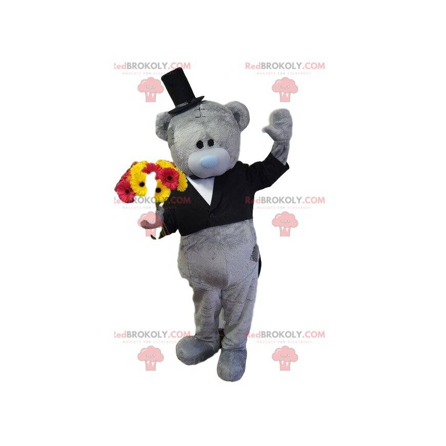 Gray teddy bear mascot, bear costume, elegant disguise -