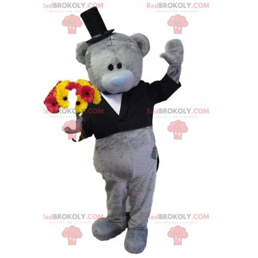 Gray teddy bear mascot, bear costume, elegant disguise -